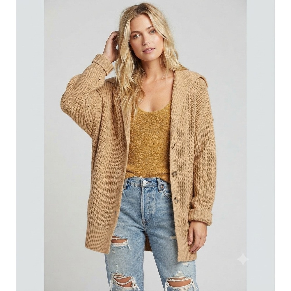 Free People Swim Too Deep Chunky Knit Cardigan Sweater Brown XS Oversized